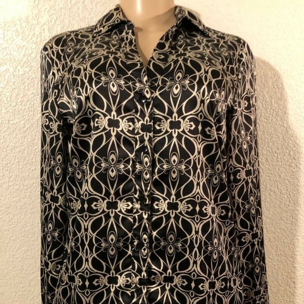 Mossino V neck Collar Women Sz M Shirt Long Sleeve pattern Black/gold Stretch